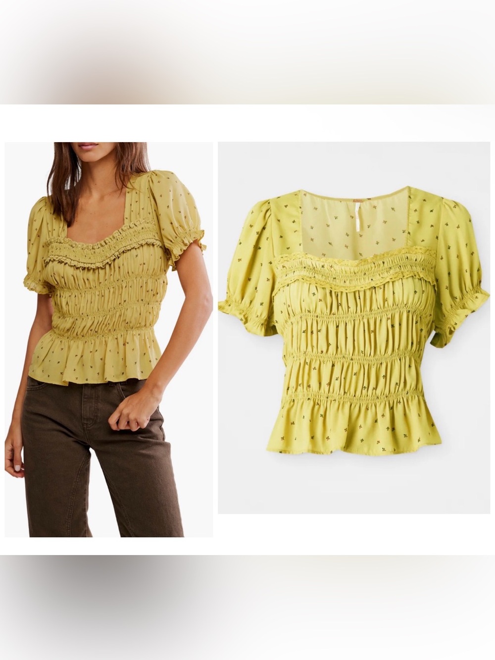 NWOT Free People Adore You Ruffle Puff Sleeve Peplum Top In Yellow